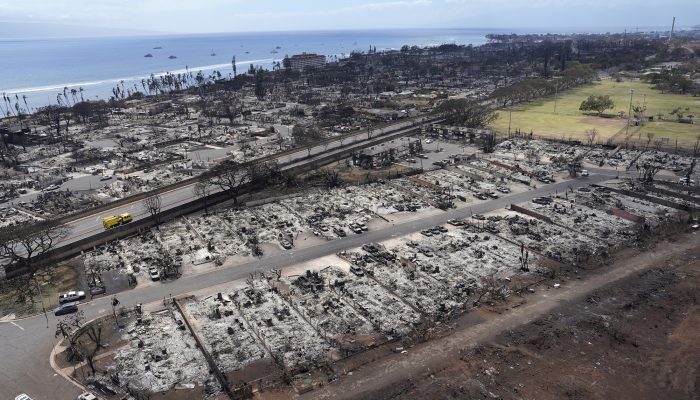 Aerial view of the destruction of Lahania town is seen Thursday, Aug. 10, 2023, in Maui. (Kevin Fujii/Civil Beat/2023)